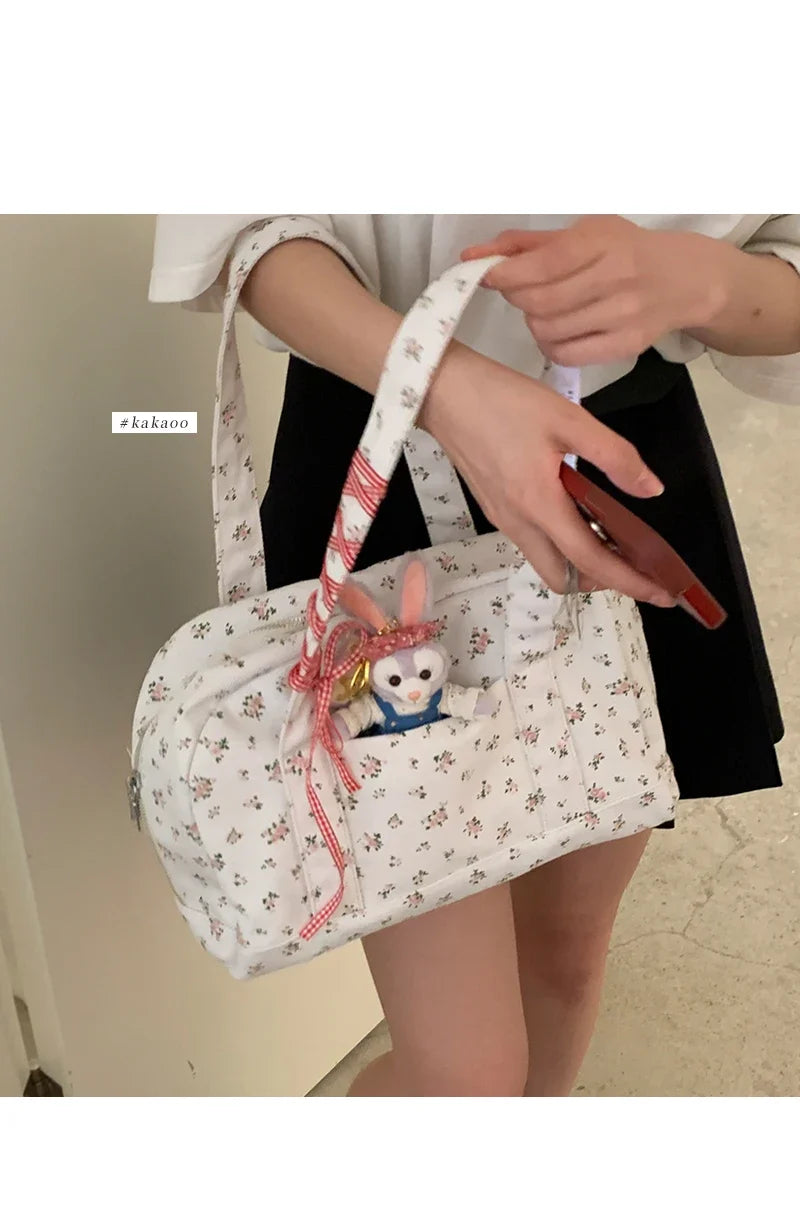 Large Capacity Canvas Bags for Women's Korean Fashion Summer Floral Shoulder Versatile Commuting Underarm Bag