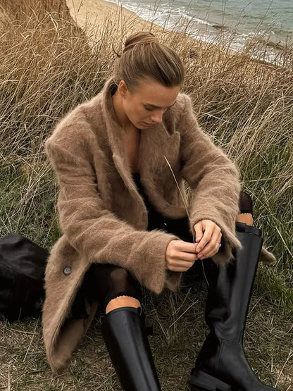 Retro Solid Color Long Sleeved Lapel Women's Coat Fashion Pocket Double Breasted Jacket Autumn High Street Ladies Outerwear