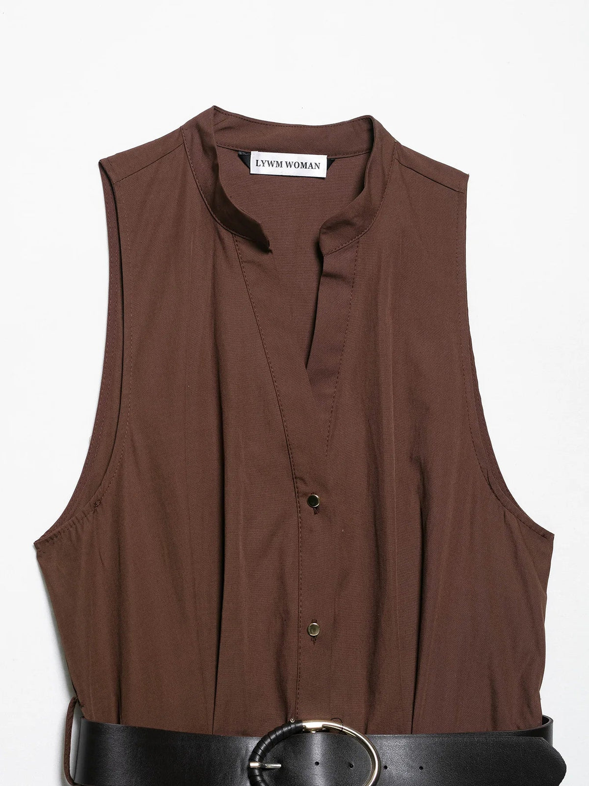 Fashion Brown Sleeveless Long Dress With Belt Round Neck Fashion Pleat Summer Dress Button Elegant Chic Femme Vestidos