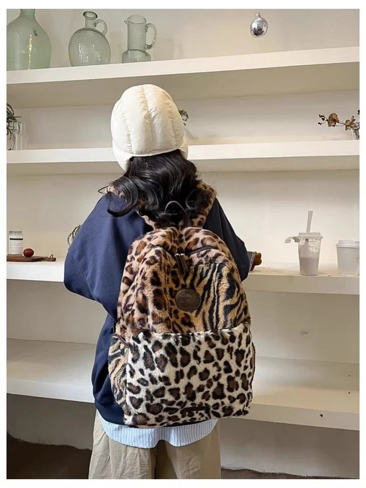Women Faux Fur Leopard Fluffy Fashion Backpacks Large Capacity Students School Bag Vintage Commuter Backpack