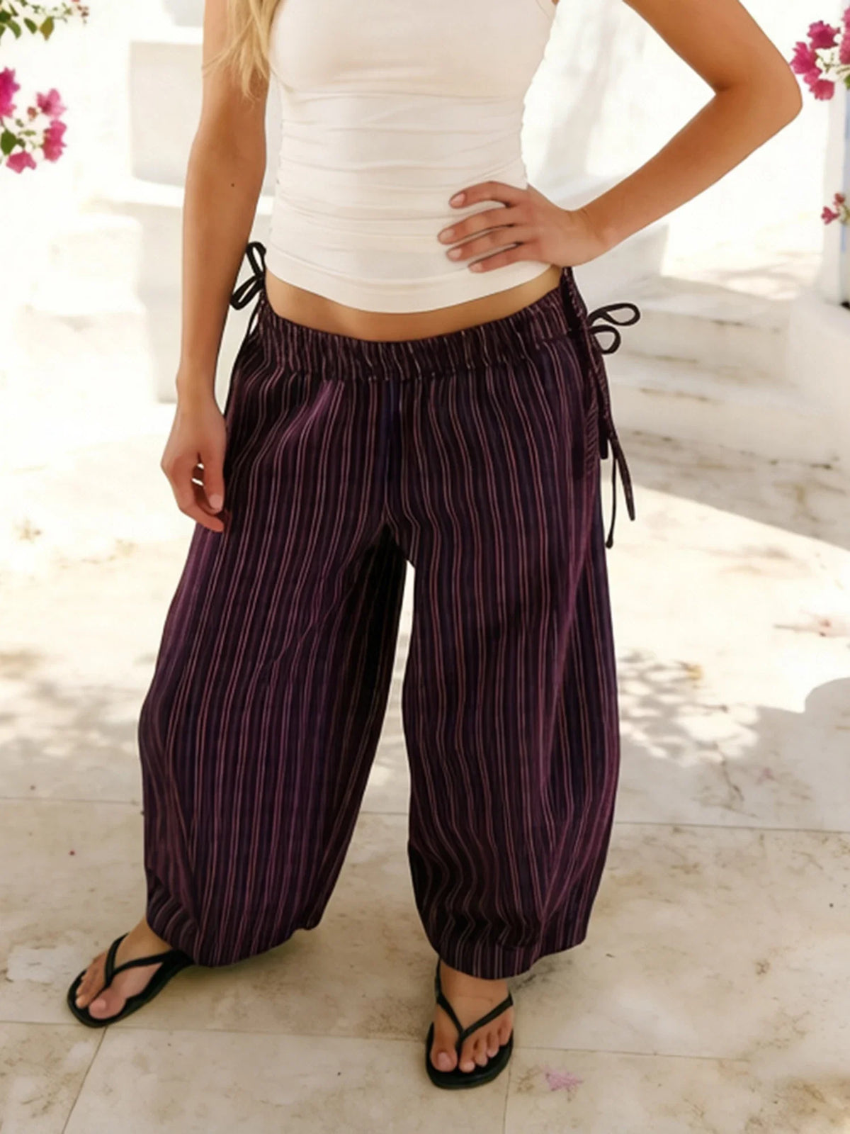 Women Drawstring Striped Wide Leg Pants Summer Causal Barrel Loose Elastic Low Waist Palazzo Harem Pants Trousers