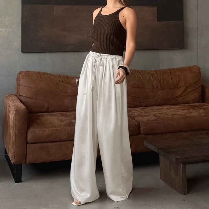 Women's Fashion Satin Pants Solid Vintage Lace Up Patchwork Loose Trouser Summer Elegant Casual Commute Female Trousers