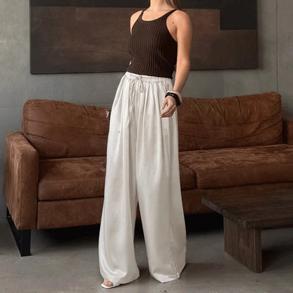Women's Fashion Satin Pants Solid Vintage Lace Up Patchwork Loose Trouser Summer Elegant Casual Commute Female Trousers