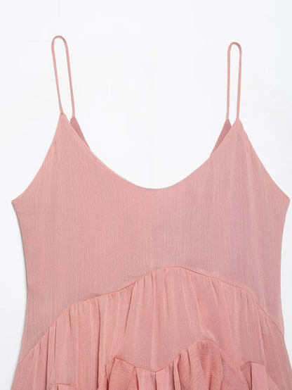 Women's Sweet Chic Suspender Dress Pink Solid Layered Zipper Mini Dress Fashion Spring Summer Holiday Beach Party Dress