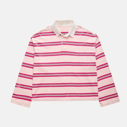 Women Y2K Vintage Retro Sweatshirts Long Sleeve Lapel Button V-Neck Pullover Top Loose Striped Rugby Pol0 Tee Shirts