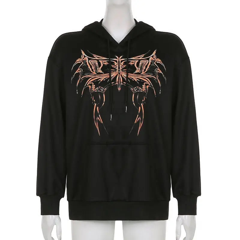 Hooded Sweatshirt Printed European And American Style Dark Loose Women High Street Versatile Long-Sleeved Outer Top To Look Slim