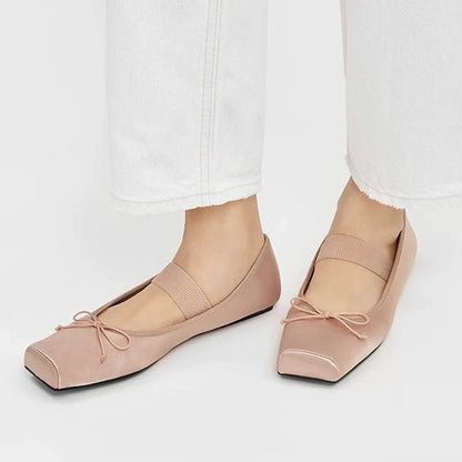 sweet pink silk flat shoes woman square toe bowtie ballet flats silver leather mary janes shoes elastic band moccasions women