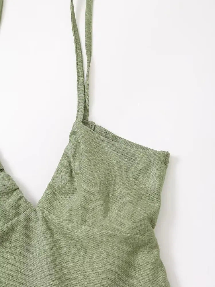 V-neck Green Slip Sexy Backless Dress For Summer Slim Slit Vacation Beach Long Dress Cotton Linen Blend Woman Clothing