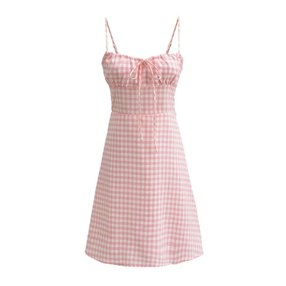 Spaghetti Strap Tie Up Plaid Dress Women Summer Beach Midi Sundress Strapless Retro Pink Short Vestidos Female Dress