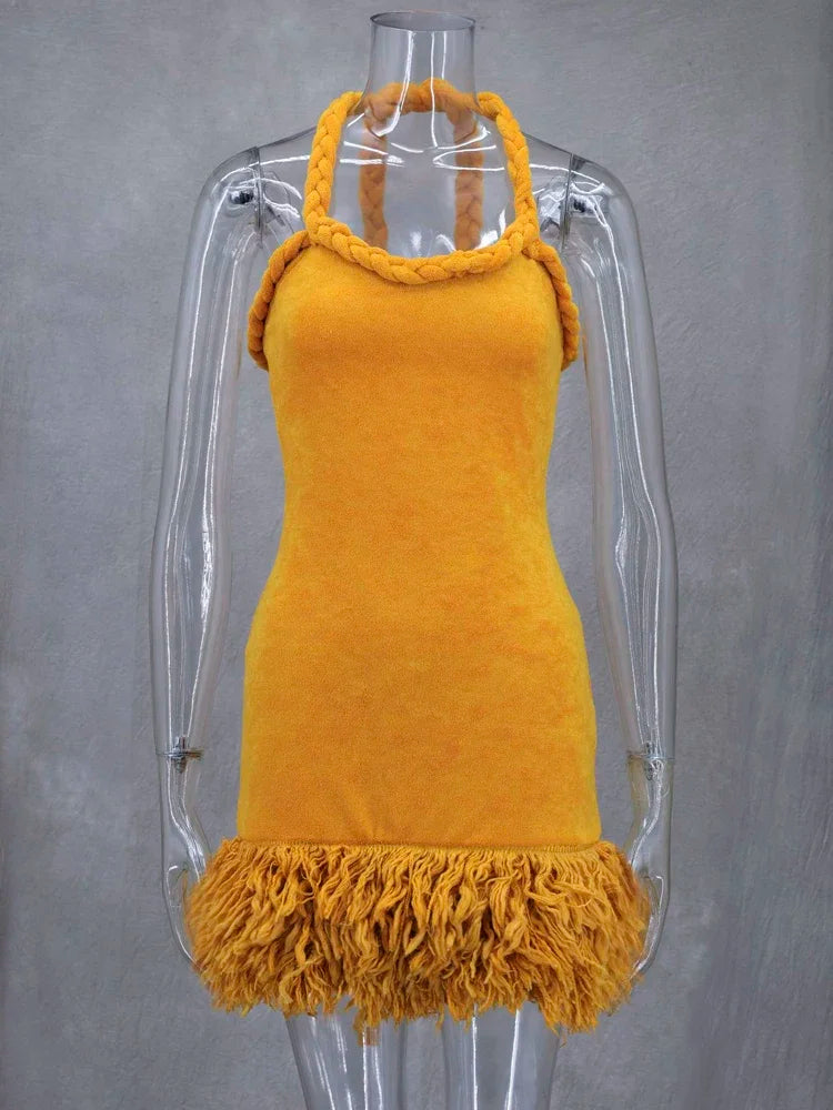 Orange Tassel Sexy Backless Fleece Winter Dresses Women Autumn Fashion Handmade Woven Twists Halter Mini Party Prom Dress