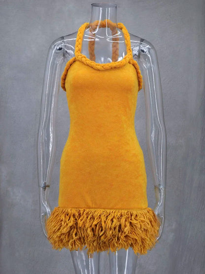 Orange Tassel Sexy Backless Fleece Winter Dresses Women Autumn Fashion Handmade Woven Twists Halter Mini Party Prom Dress