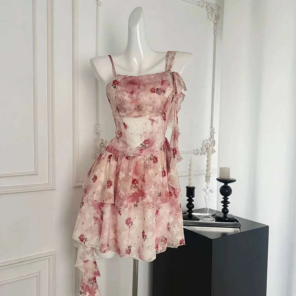 Summer French Elegant Floral Dress Women Casual sweet Retro Slim Mini Dress Korean Fashion Vintage Y2k 2000s Strap Dress
