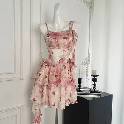 Summer French Elegant Floral Dress Women Casual sweet Retro Slim Mini Dress Korean Fashion Vintage Y2k 2000s Strap Dress