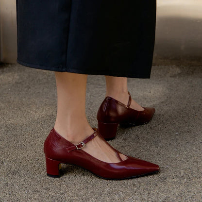 Women Pumps Spring Autumn Ladies Simple Shoes Pointed Toe Mary Jane For Woman T-Srap Cozy Pumps On Square Heel
