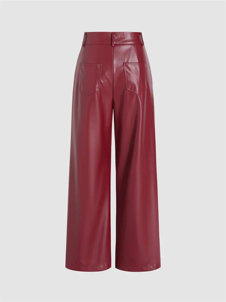 Women High Waist Matte Leather Straight Pants Casual Loose Trousers With Pocket Vintage Burgundy PU Pants Party Cutstom Clubwear