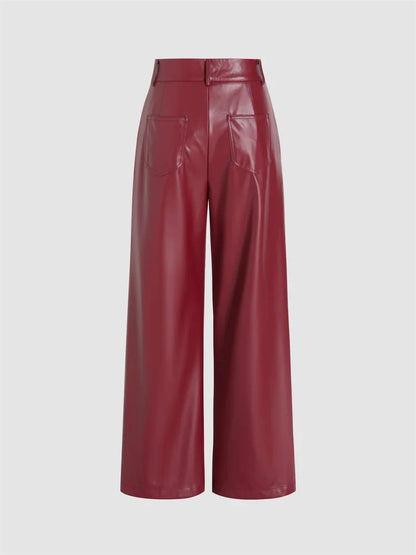 Women High Waist Matte Leather Straight Pants Casual Loose Trousers With Pocket Vintage Burgundy PU Pants Party Cutstom Clubwear