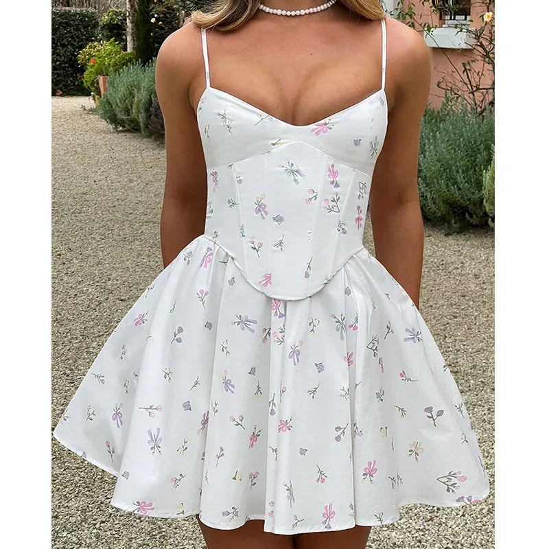 Floral Print Fishbone Slim Sling Mini Dress For Women Sexy Thin Straps Low Waist Holiday Party Summer Dresses Lace Up Back Robe