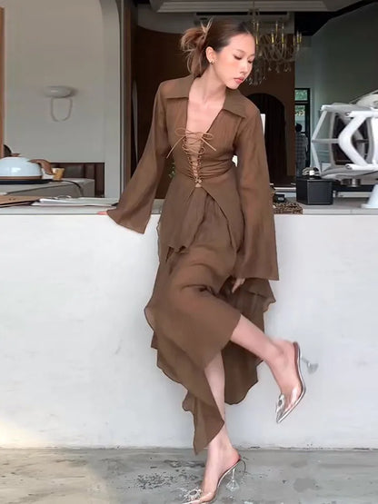 Lace Up V-Neck Shirt Ruffle Skirt Women Set Strings Lapel Sexy Waist Cinched Slimming Blouse Top Irregular Long Skirts Suit New
