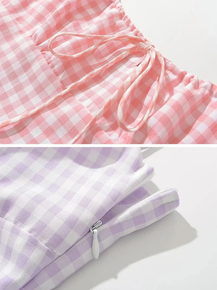 Spaghetti Strap Tie Up Plaid Dress Women Summer Beach Midi Sundress Strapless Retro Pink Short Vestidos Female Dress