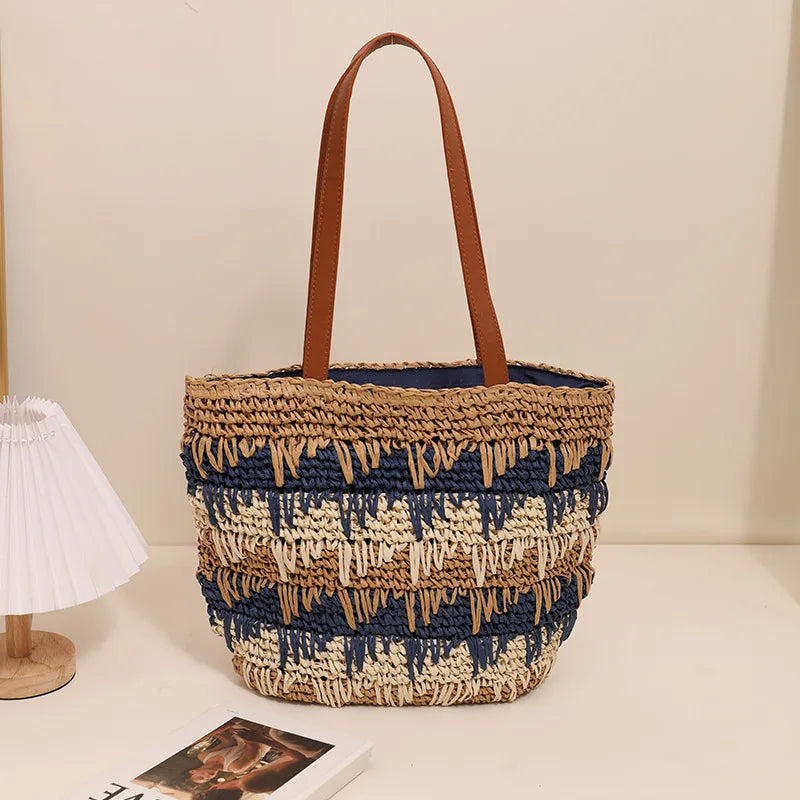 New One Shoulder Grass Woven Bag Contrast Color Handmade Large Capacity Beach Vacation Leisure Summer Women's Bag