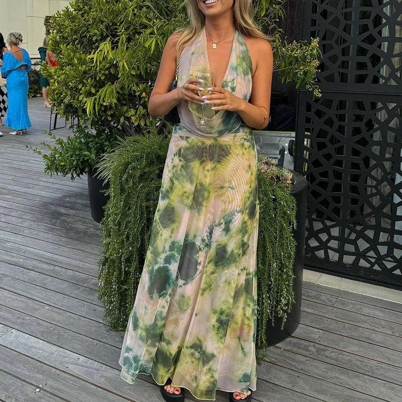 Sexy Sleeveless Printed Swinging Collar Tops&Half Skirts Sets Elegant Backless Vest High Waisted Skirts 2PC Sets Summer Outfits