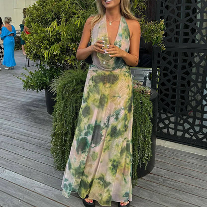 Sexy Sleeveless Printed Swinging Collar Tops&Half Skirts Sets Elegant Backless Vest High Waisted Skirts 2PC Sets Summer Outfits