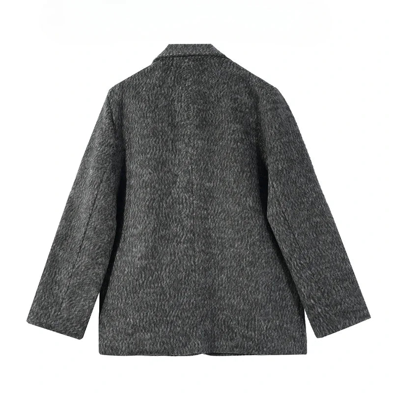 Advanced Gray Padded Shoulder Suit Woolen Coat for Women in Autumn and Winter, Thickened Plush, Niche Woolen Coat Trend