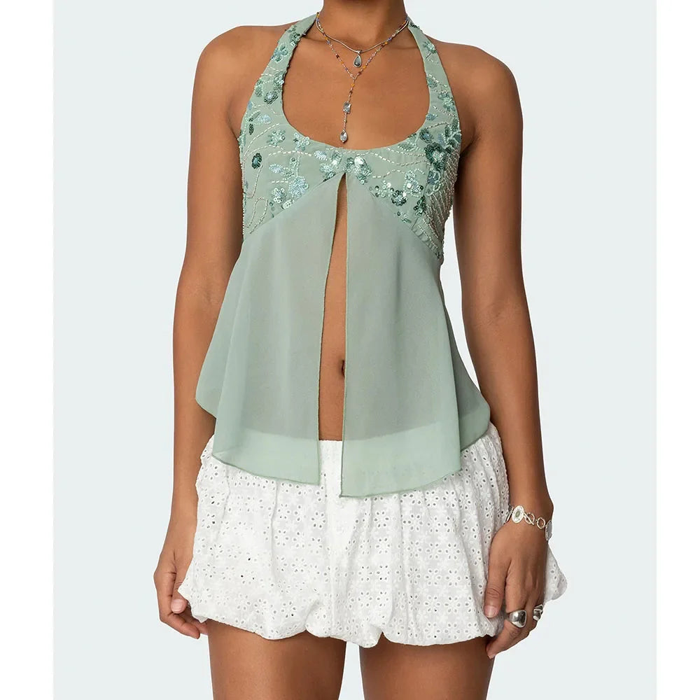 Pearl Embellished Sequins Halter Backless Cami Top