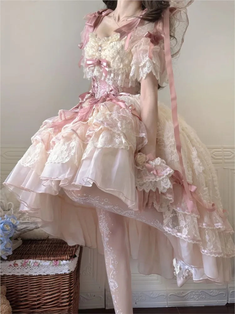 A wedding dress with shorter front and longer back for student's birthday coming-of-age ceremony