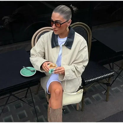 Casual Contrast Women Jacket Full Sleeve Zipper Pocket Female Patchwork Coat Vintage Urban Autumn Lady Outwear
