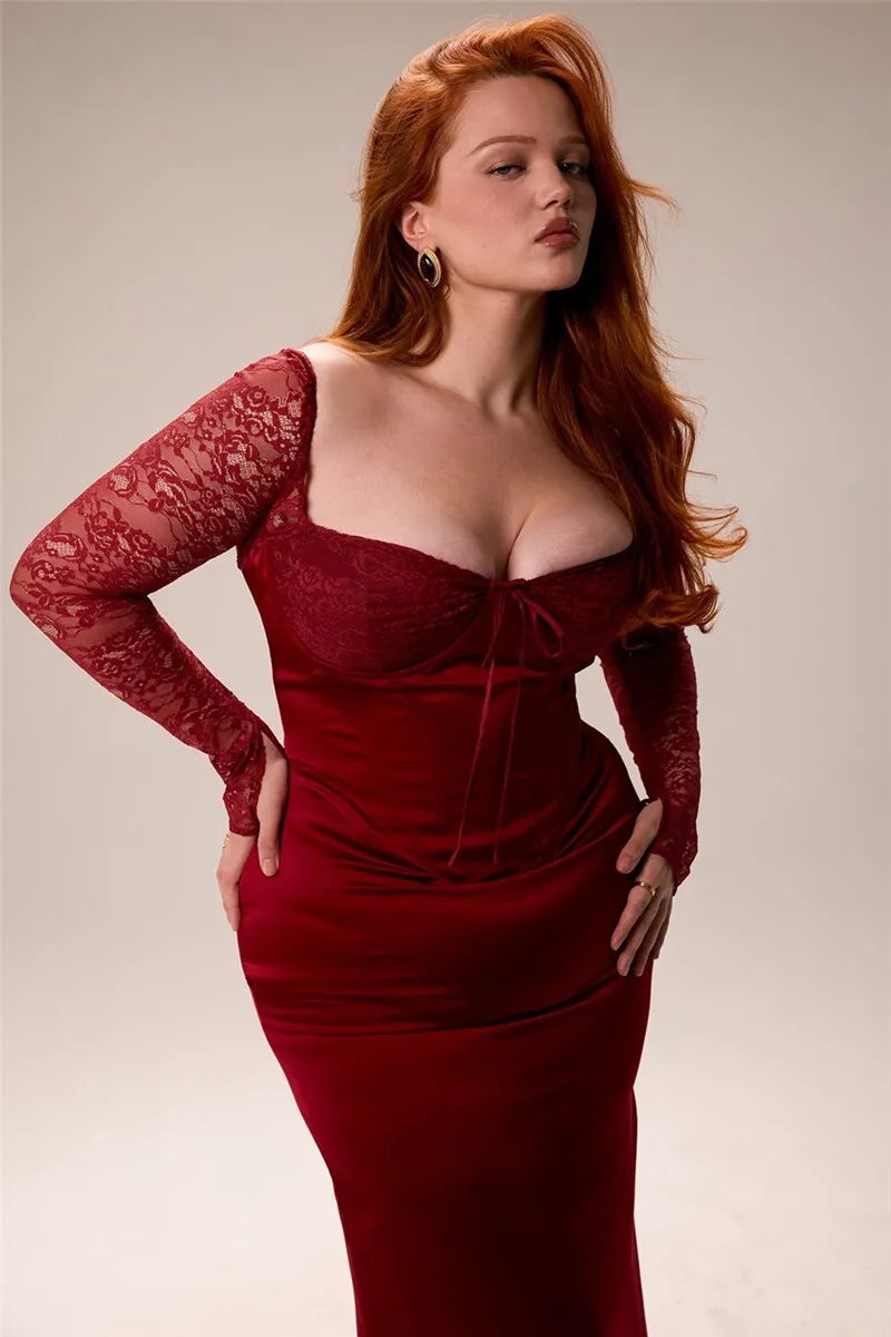 Square Neck Lace-Up Backless Long Sleeve Maxi Dress