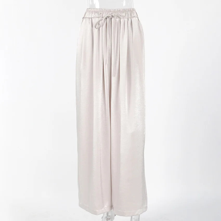 Women's Fashion Satin Pants Solid Vintage Lace Up Patchwork Loose Trouser Summer Elegant Casual Commute Female Trousers