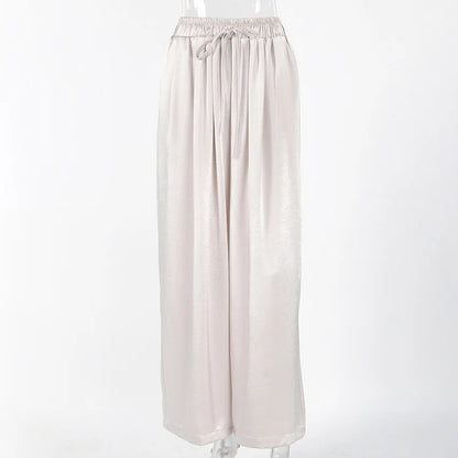 Women's Fashion Satin Pants Solid Vintage Lace Up Patchwork Loose Trouser Summer Elegant Casual Commute Female Trousers