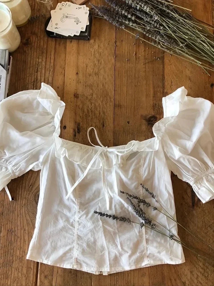 White Elegant Chic Short Set Cotton French Style Cropped Top Short 2 Piece Set Ruffles Backless Summer Casual Outfit