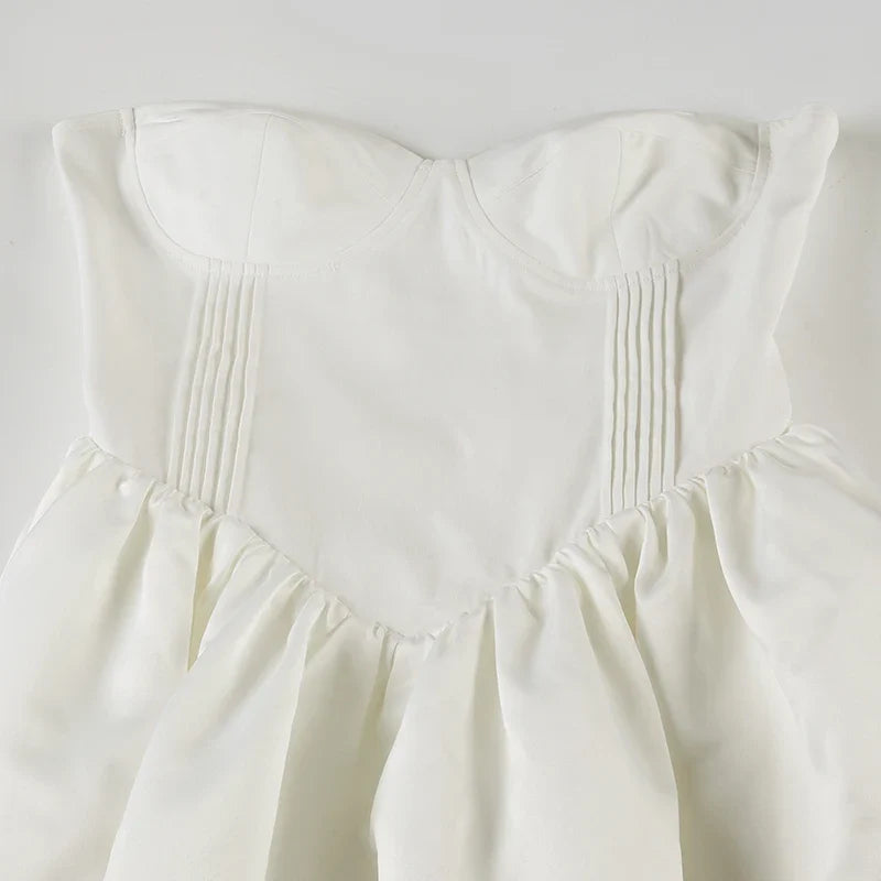 French Style Women Strapless A-line Dress White Romantic Chic Backless Lace-up Corset Long Dress Evening Party Outfit