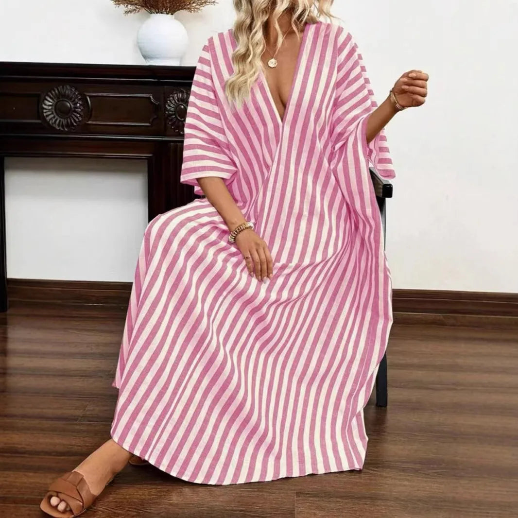 Summer New Fashion Loose Casual V-neck Striped Long Dress