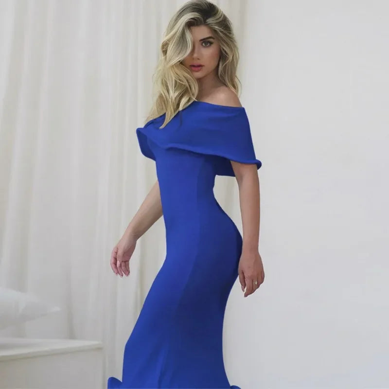 Off Shoulder Ruffle Bardot Mermaid Hem Bodycon Midi Dress