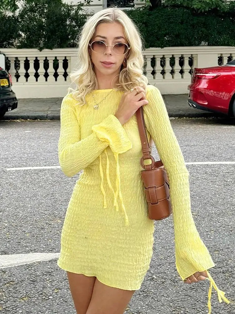 Seersucker Backless Mini Dress Flare Long Sleeve Lace-up Tight Short Dresses 2024 Summer Fashion Simple One-piece Skirt