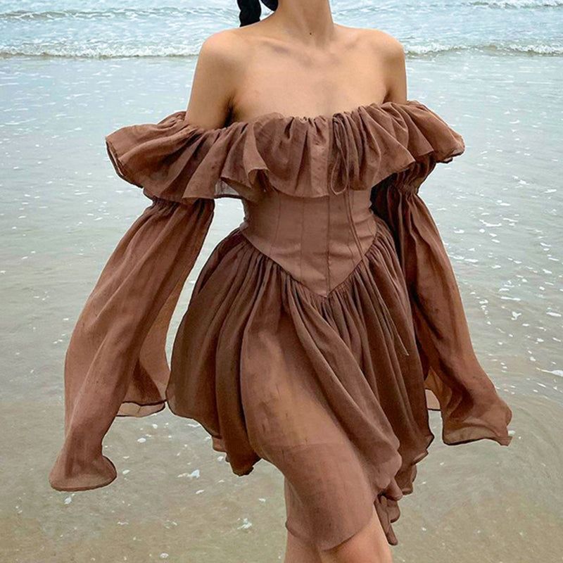Off-Shoulder Corset Ruffle Trim Balloon Sleeve Handkerchief Hem Mini Dress