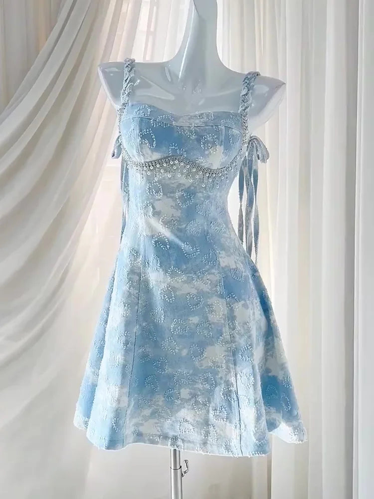Lolita Sweet Girl Dress Sky Blue Beach Vacation Cute Loli Fairy Strap Dress Pearl Style Dress