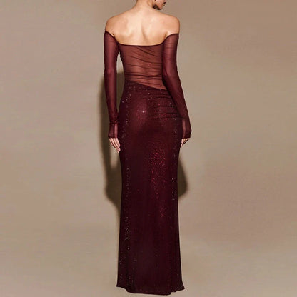 Sexy Sheer Mesh Patchwork Sequin Banquet Evening Dresses Women Spring Slash Neck Slim Long Dress Autumn Backless Hollow Vestidos