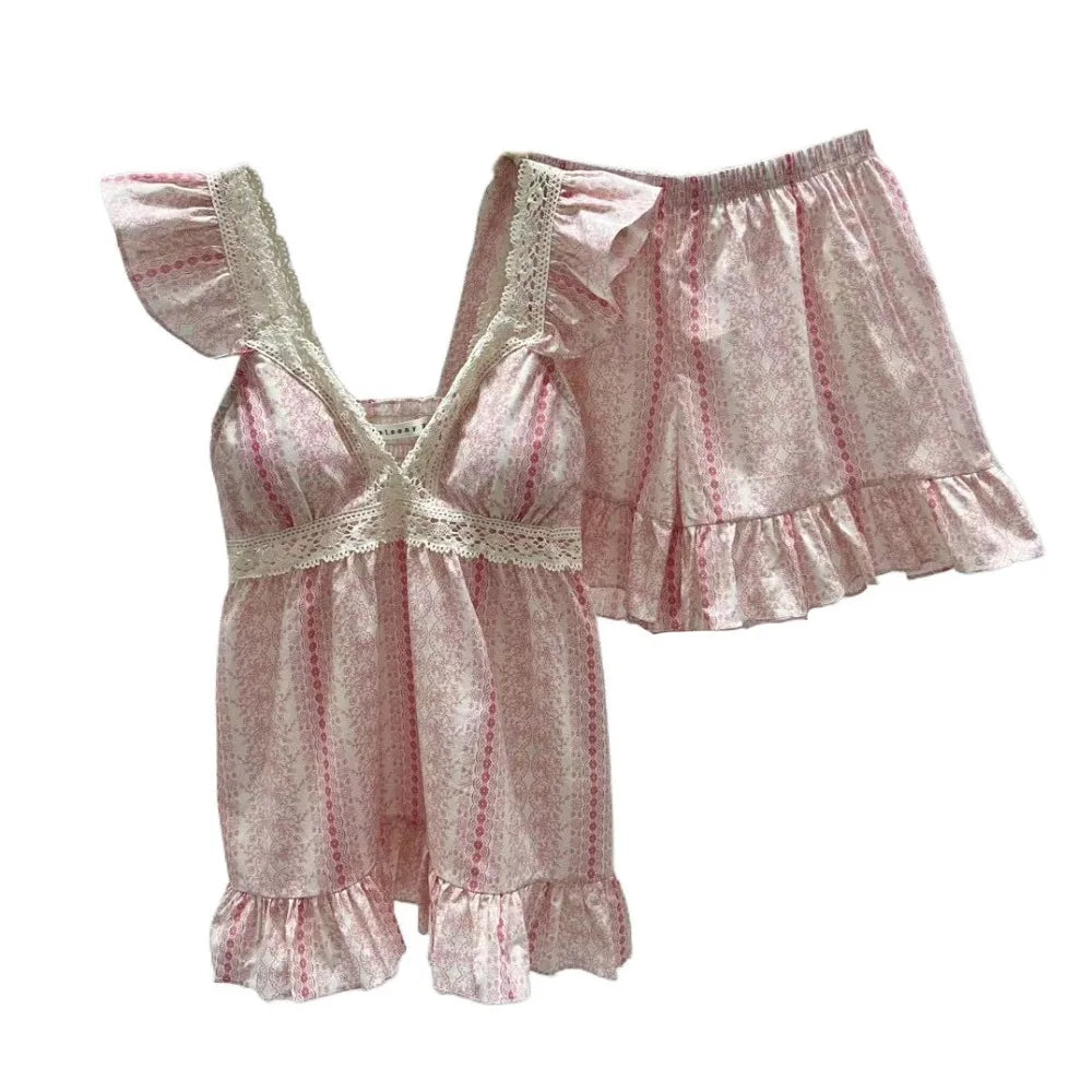 Striped Suspender Shorts Pajamas Ruffle Sleeveless Floral Pajamas Suit Loose with Chest Pad Women's Sleepwear Sets Sleeping