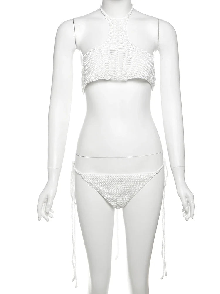 Sexy Crochet 2 Piece Set Women Hollow Swimsuit Halter Mini Camisole+Bandage Panties Matching Club Beach Vacation Suit
