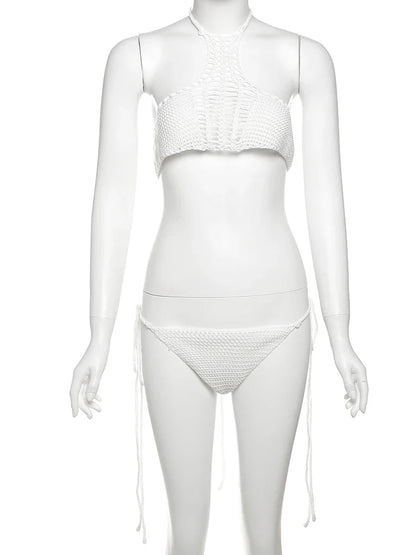 Sexy Crochet 2 Piece Set Women Hollow Swimsuit Halter Mini Camisole+Bandage Panties Matching Club Beach Vacation Suit