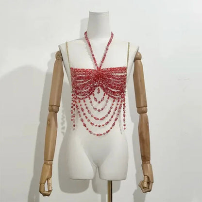 NEW Handmade color matching beads irregular shape chest wrap hollow backless tassel top sexy women beach camping vacation