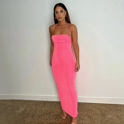 Halter Backless Criss Cross Tie Cowl Back Maxi Dress