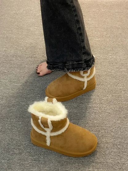 Flat Heel Snow Boots For Women Shoes Round Toe Winter Footwear Boots-Women Plush Ladies Low Fur Fabric Solid Rome Basic La