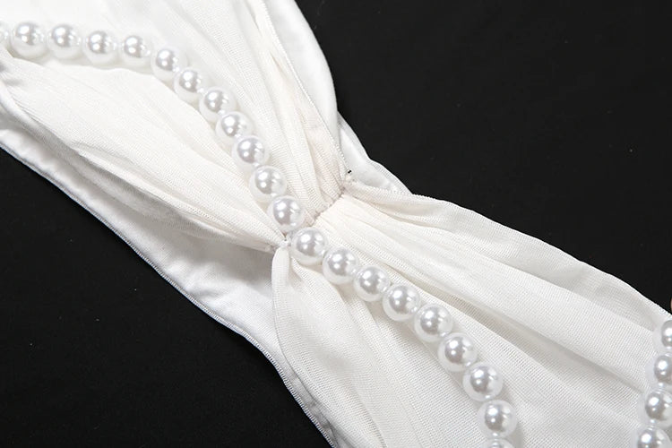 Fashion Elegant 2Piece Set Woman Pearl Decoration Halter Crop Tops+Mesh Patchwork Low-Waist Long Skirt Sexy Style Outfits