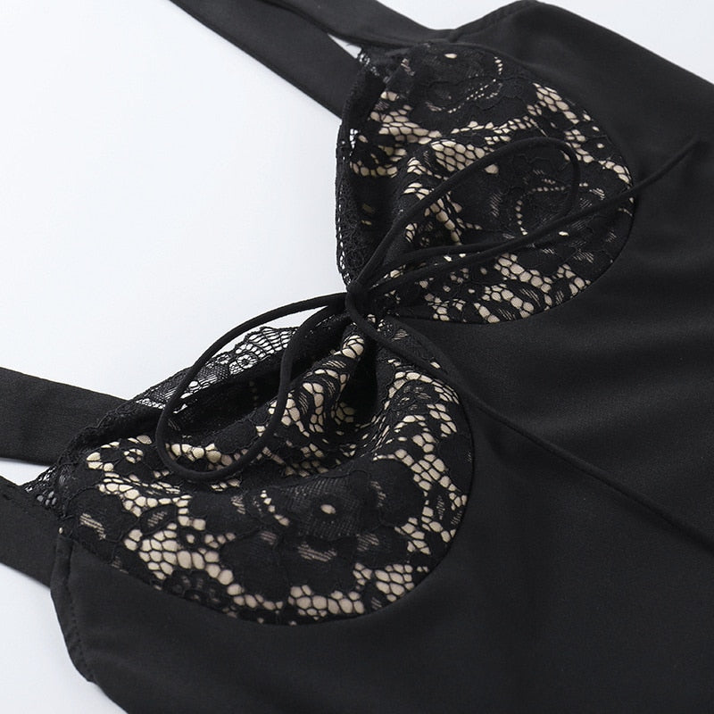 Lace Trim Satin Spaghetti Strap Tie Front Mini Dress