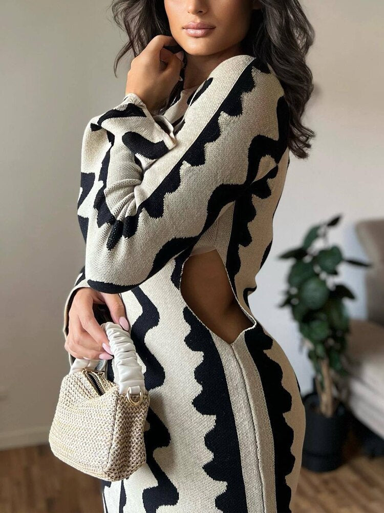 Crew Neck Zigzag Stripe Rib Knit Flare Cuff Waist Cutout Jumpsuit